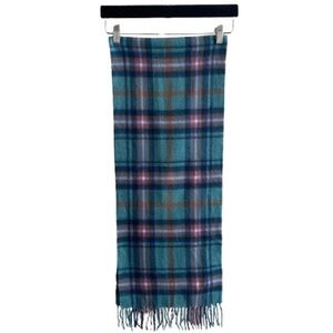 Lochmere 100% Cashmere Scarf Teal Spice Plaid Fringe Trim Blue Green